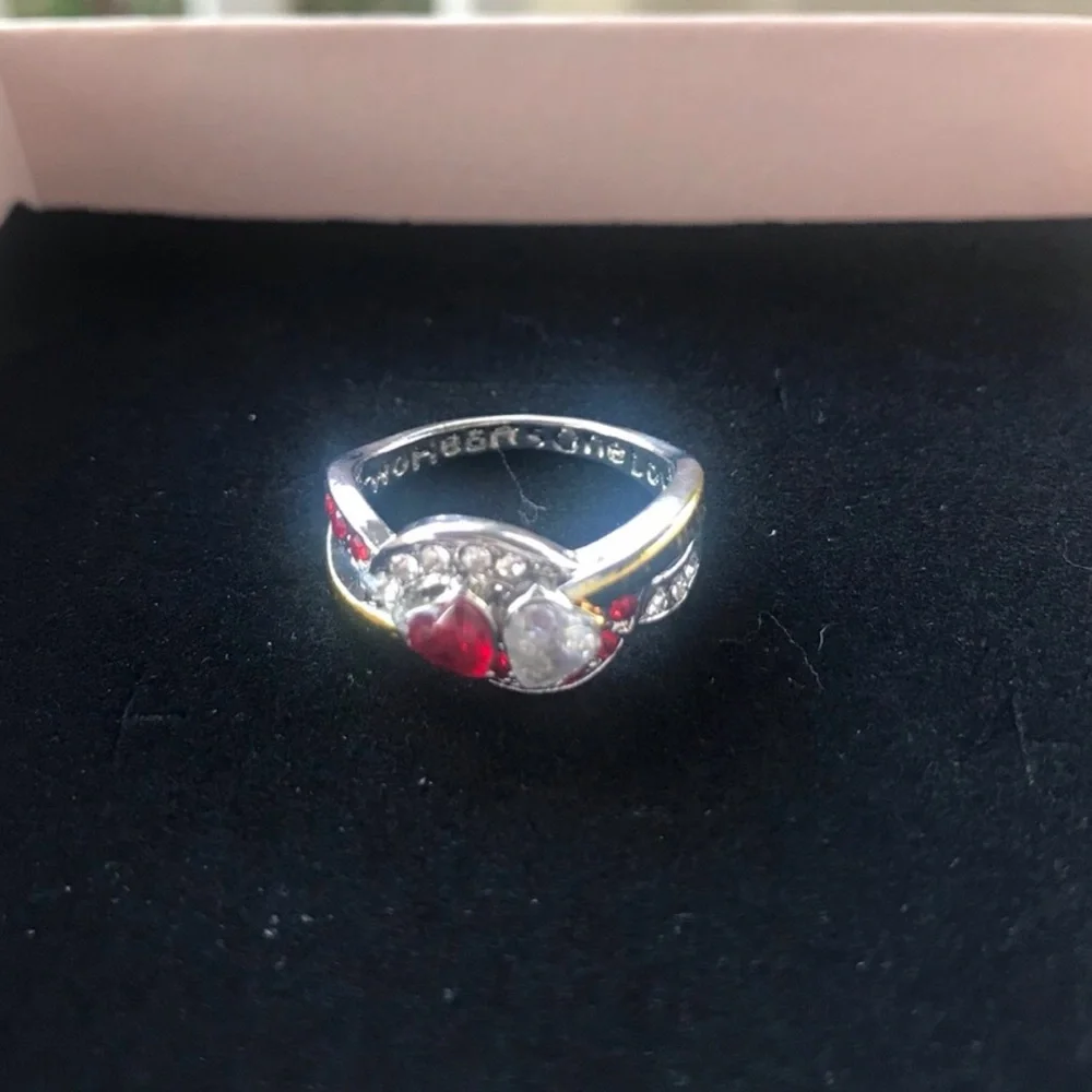 Silver Red and Clear Heart Accent Ring with inscription inside